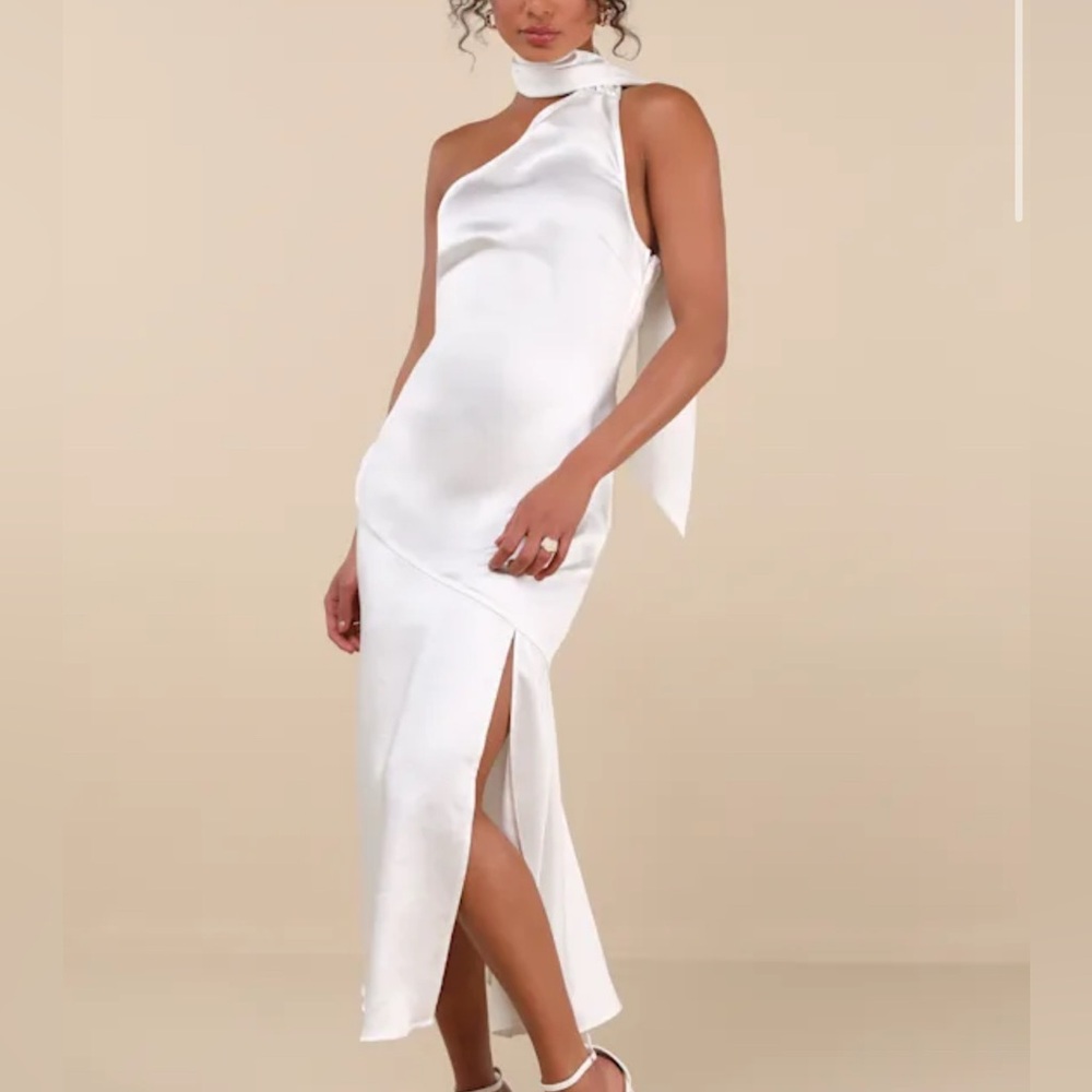 Lulus Reglan White Satin One Shoulder Sash Midi Dress